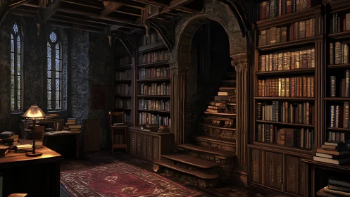 Whispering staircase in a lamplit, book-burdened sanctum.