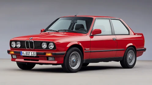Red BMW E30 two-door coupe in studio side-front profile view.
