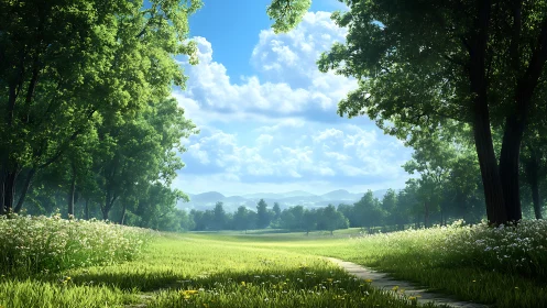 Sunlit meadow path unfolds between tranquil forest edges.