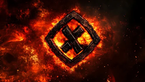 Flaming Diamond Geometry: High-Temperature 3D Metal Symbol Engulfed in Dynamic Fire