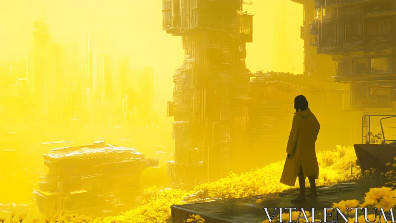 Cyberpunk megastructures in luminous yellow atmospheric field.