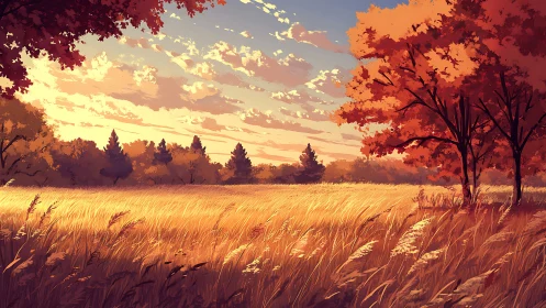 Autumn grassland under evening sky with distant tree line.