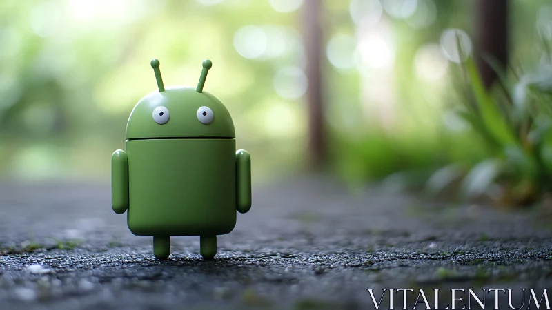 Green android toy on outdoor path with soft bokeh background.