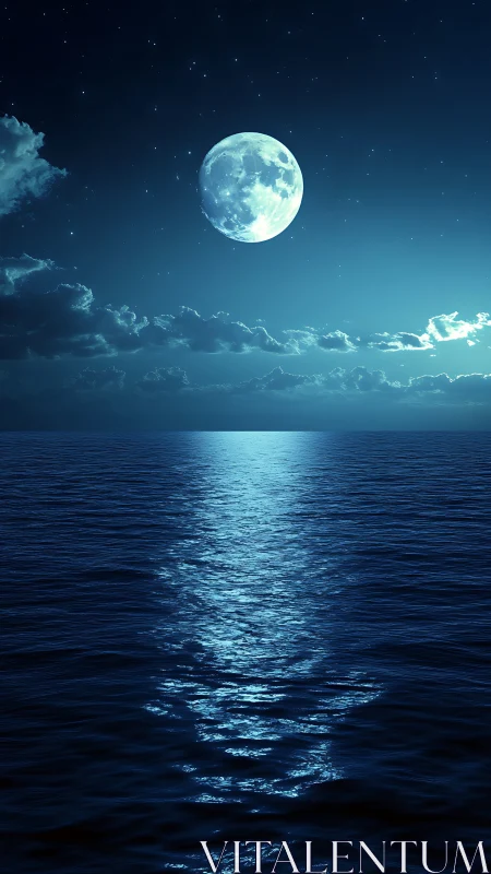 Full moon above open ocean with reflected light path.