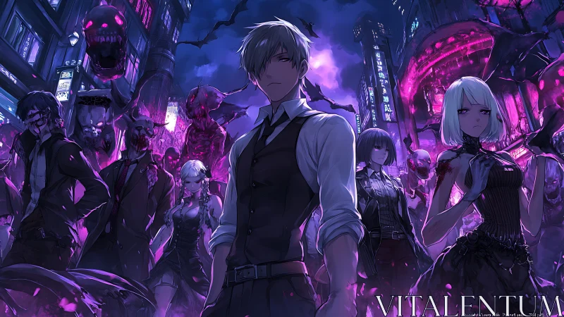 Urban street group amid demons in neon nightscape.