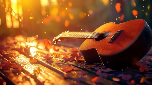 Sunlit acoustic guitar on leaf-strewn wooden bench at dusk.