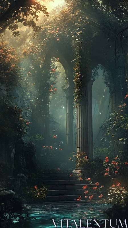 Overgrown stone archway with roses and reflective pool.