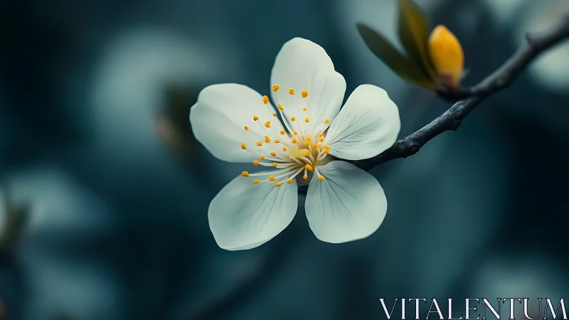Delicate white blossom with golden stamens on dark branch.