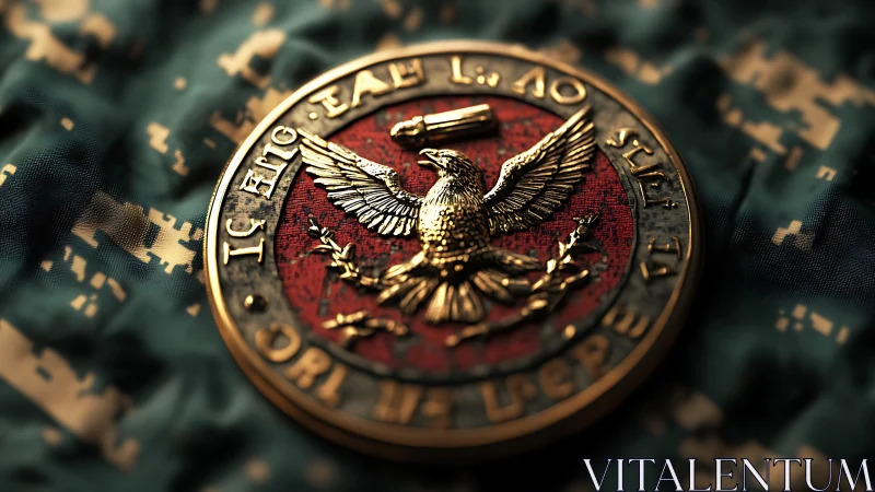 Gold eagle insignia medal on digital camouflage fabric.