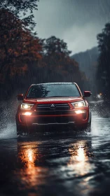 Crimson SUV charges through stormlit mountain rain. Period.