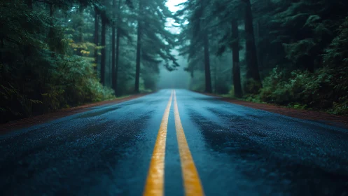 Wet asphalt road converges through dense forest under overcast sky