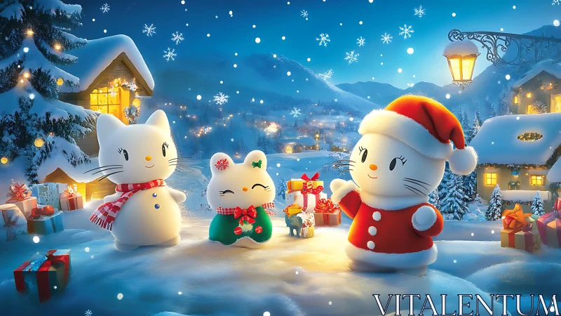 Snowy village night with stylized cats in festive attire