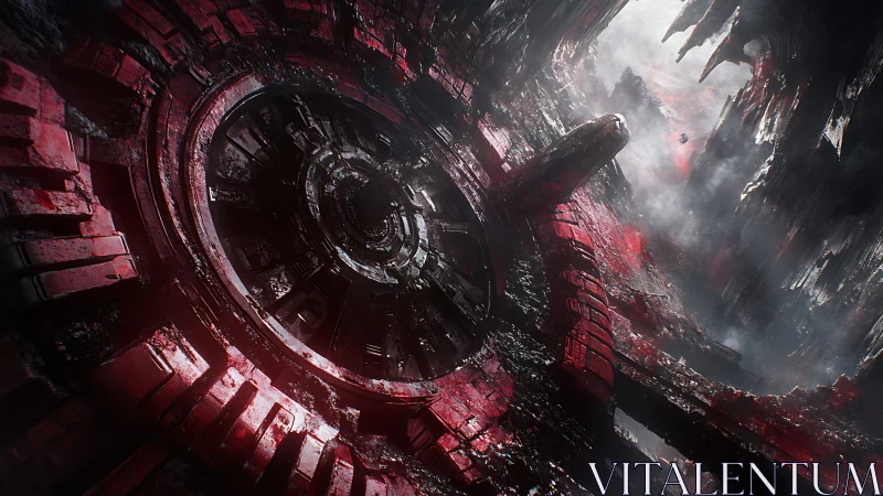 Ruined red circular megastructure in a smoky chasm.