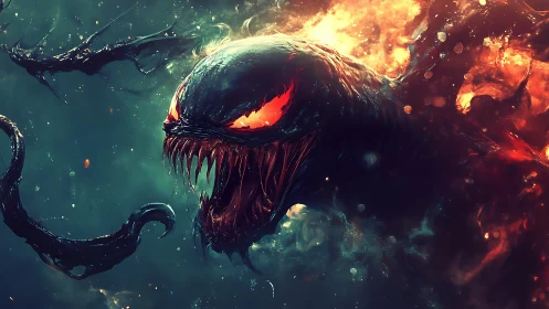 Digital painting of flaming abyssal creature in dynamic profile.