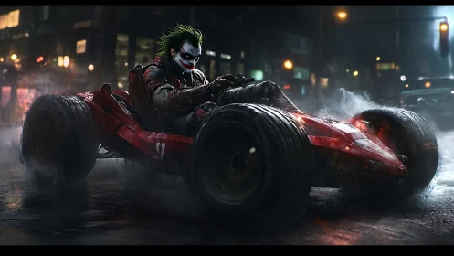 Clown-faced driver powers red kart through wet city street.