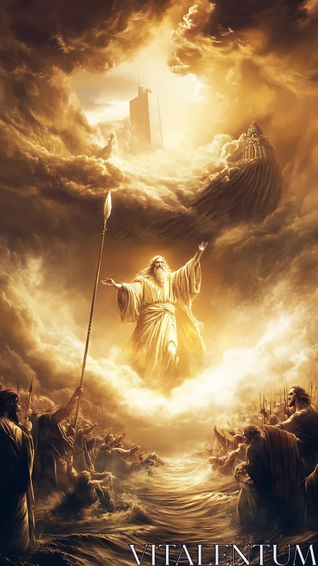 Radiant robed figure parts stormy sea under golden sky.