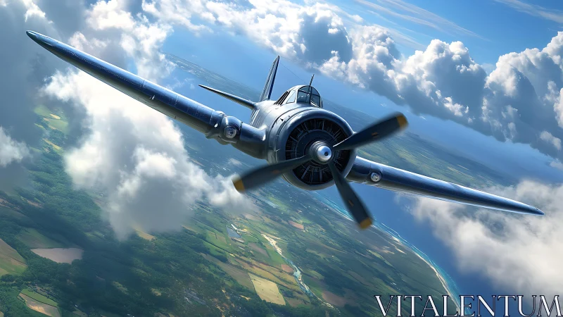 Silver warbird slices through cloud canyons above the coast