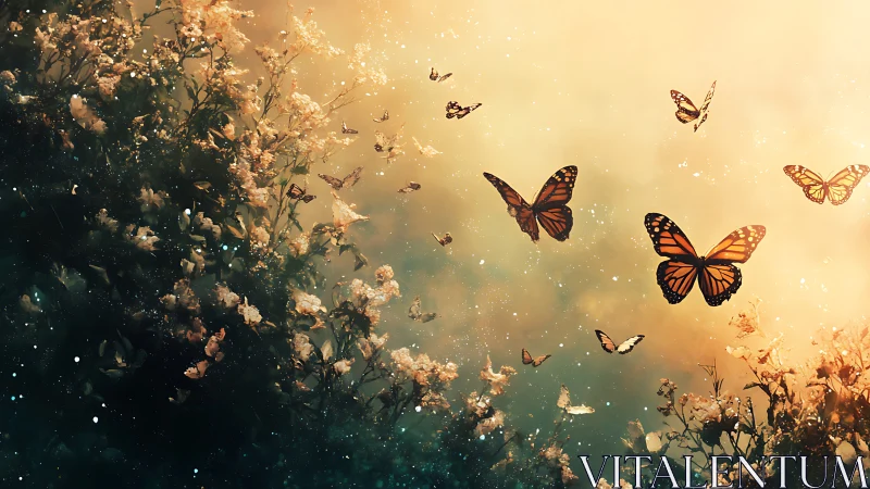 Monarch butterflies drifting through luminous floral haze.