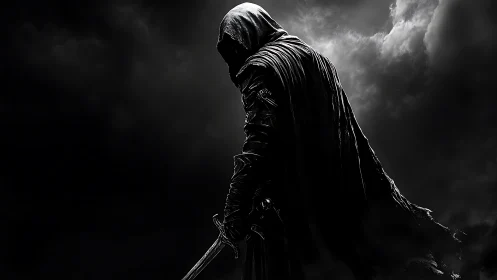 Hooded dusk warrior carved from shadow and stormlight.