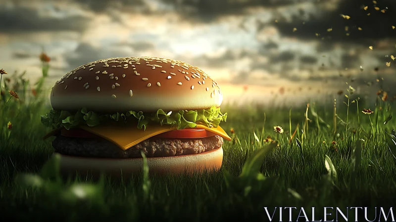 Sunlit cheeseburger rests in dreamy meadow at sunset.