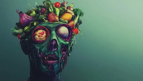 Zombie head sculpture merges decayed flesh with fresh produce