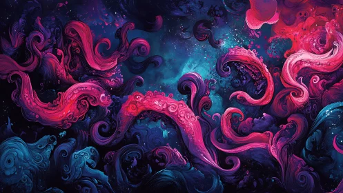 Neon tentacle vortices over cosmic deep-sea nebula field.