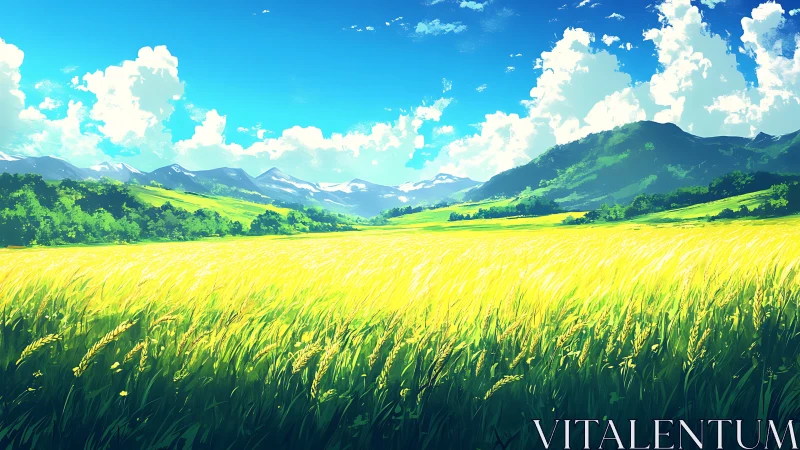 Sunlit mountain meadow stretches under vivid summer sky