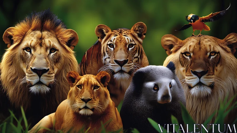 Wildlife Composition: Lion, Tiger, Lioness with Black Bear.