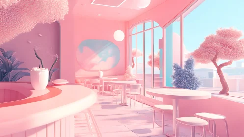 Dreamy pastel cafe bathed in soft pink and sky blue light.