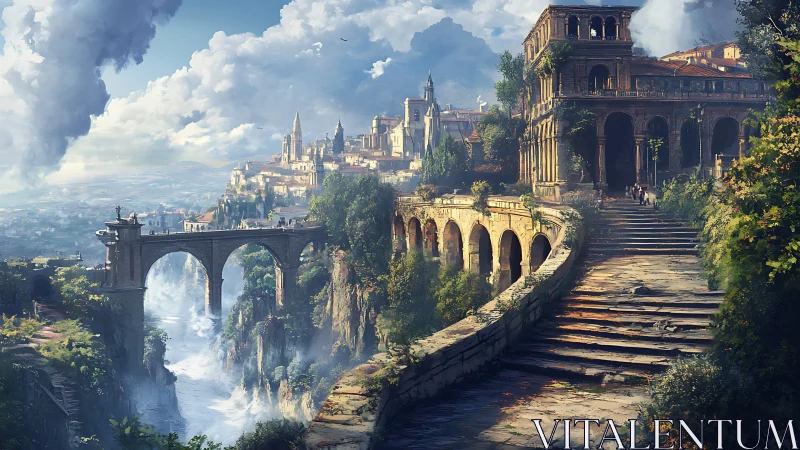 Terraced cliffside citadel and arched viaduct over misted gorge.