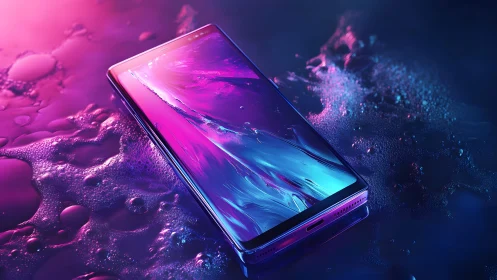 Modern smartphone on wet surface with neon lighting, futuristic style.