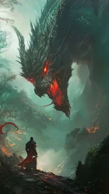 Lone warrior confronts colossal fire dragon in misty abyss