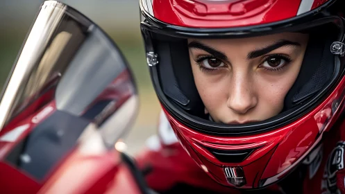 Intense motorcycle racer portrait in glossy red helmet.