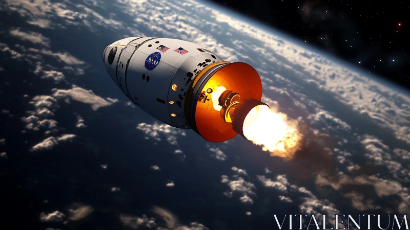Orbital capsule roaring sunbright above swirling blue Earth.