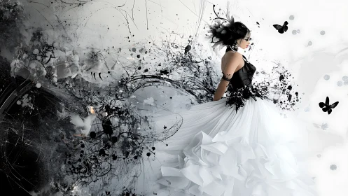 Ink-splashed ballerina in monochrome gown emerges from chaos