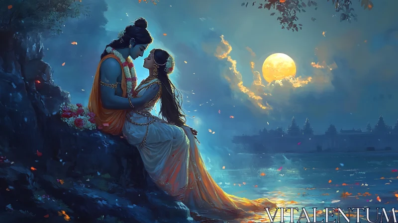 South Asian Figures on Clifftop Overlooking Moonlit River