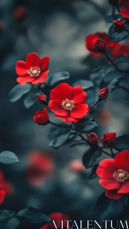 Red Flowers in Soft Focus. Dark Green Foliage.