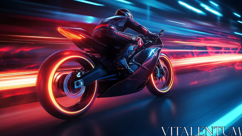 Sleek neon motorcycle racing through a glowing night city.