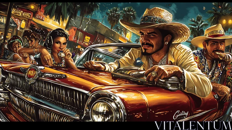 Lowrider legends cruise through neon soaked tropical night.