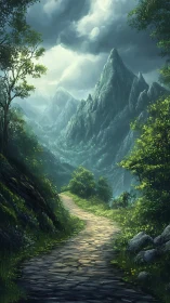Sunlit stone path winding through misty emerald mountains.