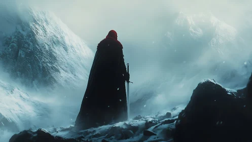 Lone crimson wanderer guarding a sword in frozen silence.