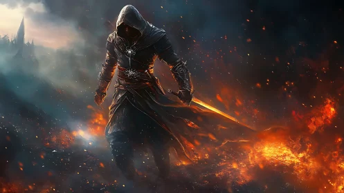Hooded emberblade warrior striding through a broken inferno.