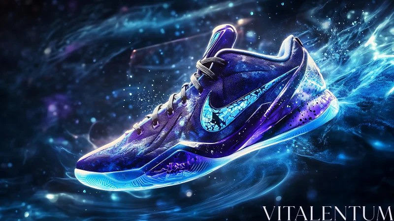 Sneaker floats in glowing blue nebula with dynamic light trails