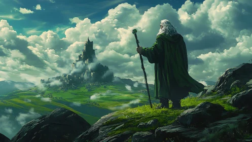 Robe clad figure observing distant fortress on plateau.