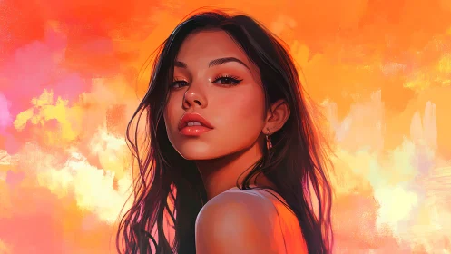 Portrait of young woman against vivid orange painted sky