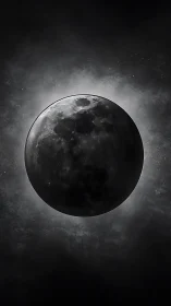 Lunar sphere drifts through shadowed cosmic mist.