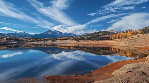 Mountain lake reflects golden autumn forest beneath blue sky