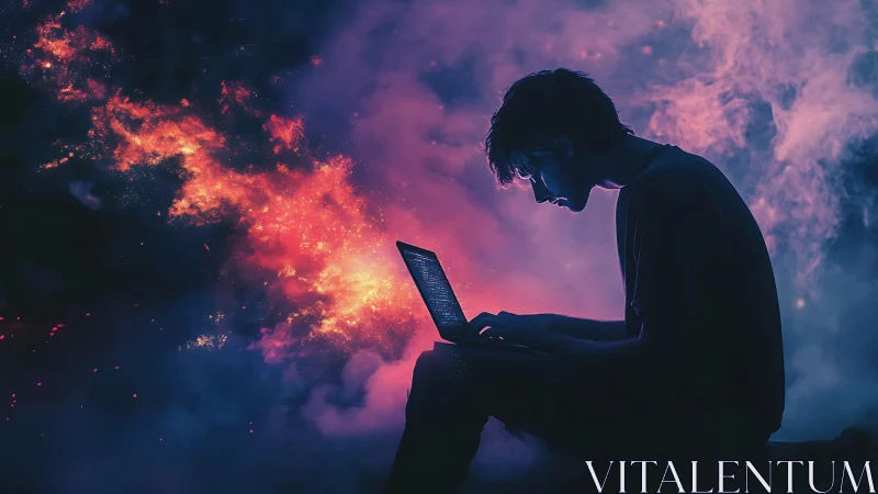 Silhouetted coder with laptop against vivid cosmic nebula.