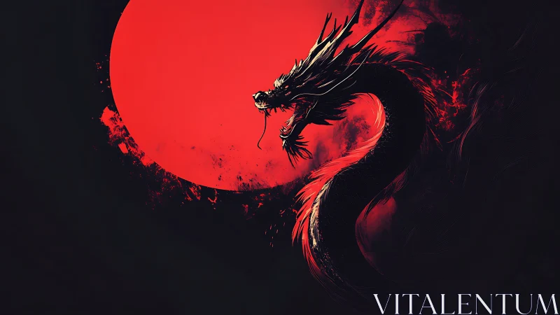 Red moon backdrop with coiled black dragon silhouette.