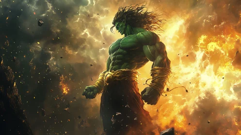 Mythic green titan strides through erupting cosmic firestorm.